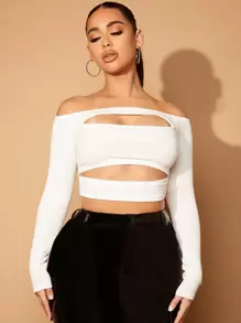 SHEIN SXY Off Shoulder Cut Out Crop Tee - White - View 1