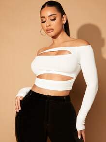 SHEIN SXY Off Shoulder Cut Out Crop Tee - White - View 5