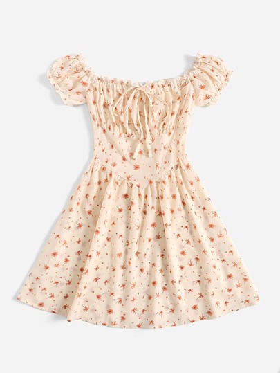 Allover Floral Print Frill Trim Dress