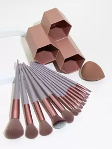 13 piezas Juego de brochas de maquillaje + Cubo de almacenamiento de tres compartimentos, incluye borla de polvos de belleza, brochas de maquillaje/cosméticas, juego de brochas, kit de brochas de maquillaje, set de brochas de maquillaje, kit de maquillaje completo, set de brochas, set de brochas de maquillaje, set de regalo de maquillaje, set - Morado - Ver 1