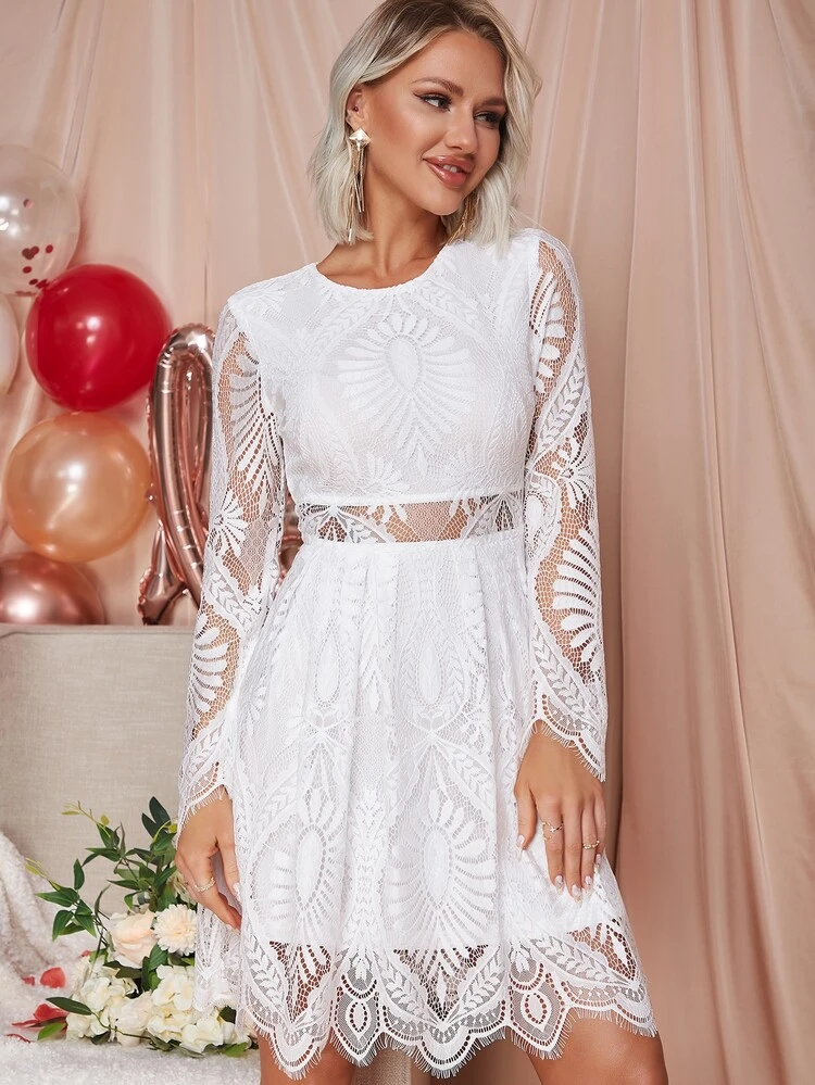 Eilly Bazar Sheer Insert Scallop Trim Lace Dress | SHEIN USA