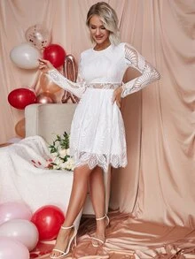 Eilly Bazar Sheer Insert Scallop Trim Lace Dress - White - View 3
