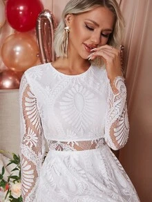 Eilly Bazar Sheer Insert Scallop Trim Lace Dress - White - View 6