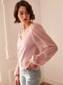 SHEIN Áo nữ Tương phản Mesh Nghề thêu Sò điệp màu trơn Thanh lịch - Bụi hồng - Xem 1