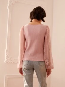 SHEIN Áo nữ Tương phản Mesh Nghề thêu Sò điệp màu trơn Thanh lịch - Bụi hồng - Xem 2