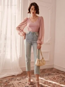 SHEIN Áo nữ Tương phản Mesh Nghề thêu Sò điệp màu trơn Thanh lịch - Bụi hồng - Xem 3