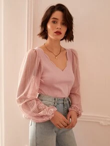 SHEIN Áo nữ Tương phản Mesh Nghề thêu Sò điệp màu trơn Thanh lịch - Bụi hồng - Xem 4