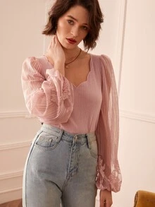 SHEIN Áo nữ Tương phản Mesh Nghề thêu Sò điệp màu trơn Thanh lịch - Bụi hồng - Xem 5