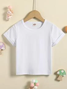 SHEIN Young Girl Solid Rolled Cuff Tee - White - View 1