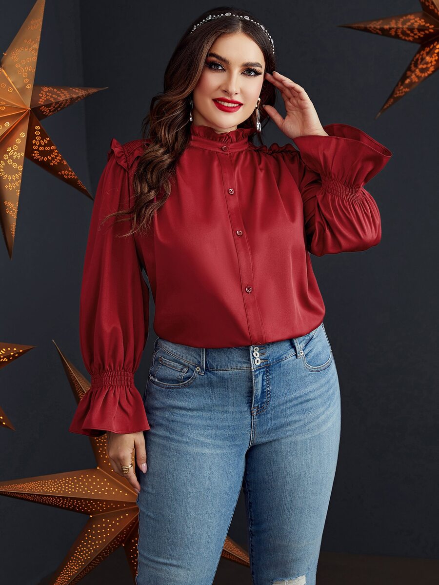 Plus Shirred Flounce Sleeve Frilled Blouse - Burgundy - View 1