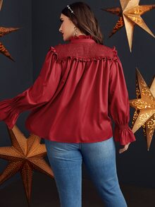 Plus Shirred Flounce Sleeve Frilled Blouse - Burgundy - View 2