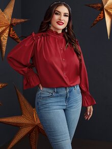 Plus Shirred Flounce Sleeve Frilled Blouse - Burgundy - View 3