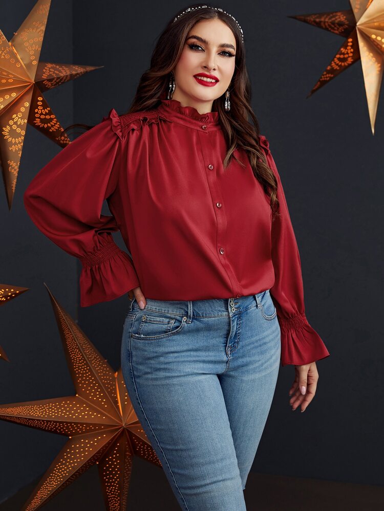 Áo sơ mi Plus Size Xù Nút phía trước màu trơn Giải trí - Màu Đỏ Sâu - Xem 3