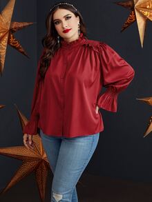 Plus Shirred Flounce Sleeve Frilled Blouse - Burgundy - View 4