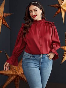 Plus Shirred Flounce Sleeve Frilled Blouse - Burgundy - View 5