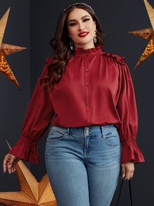Plus Shirred Flounce Sleeve Frilled Blouse - Burgundy - View 6