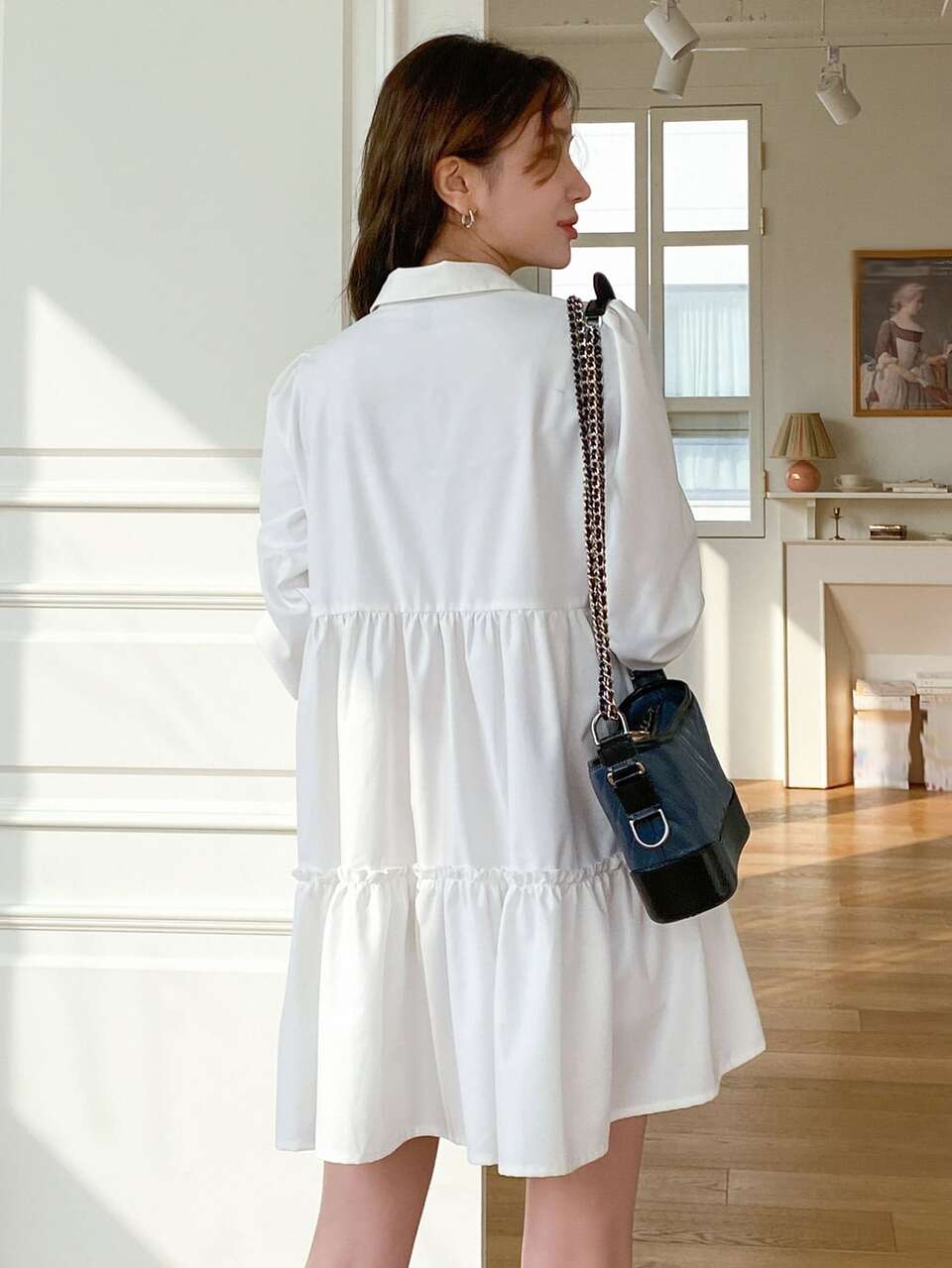 Quarter Button Ruffle Hem Smock Dress