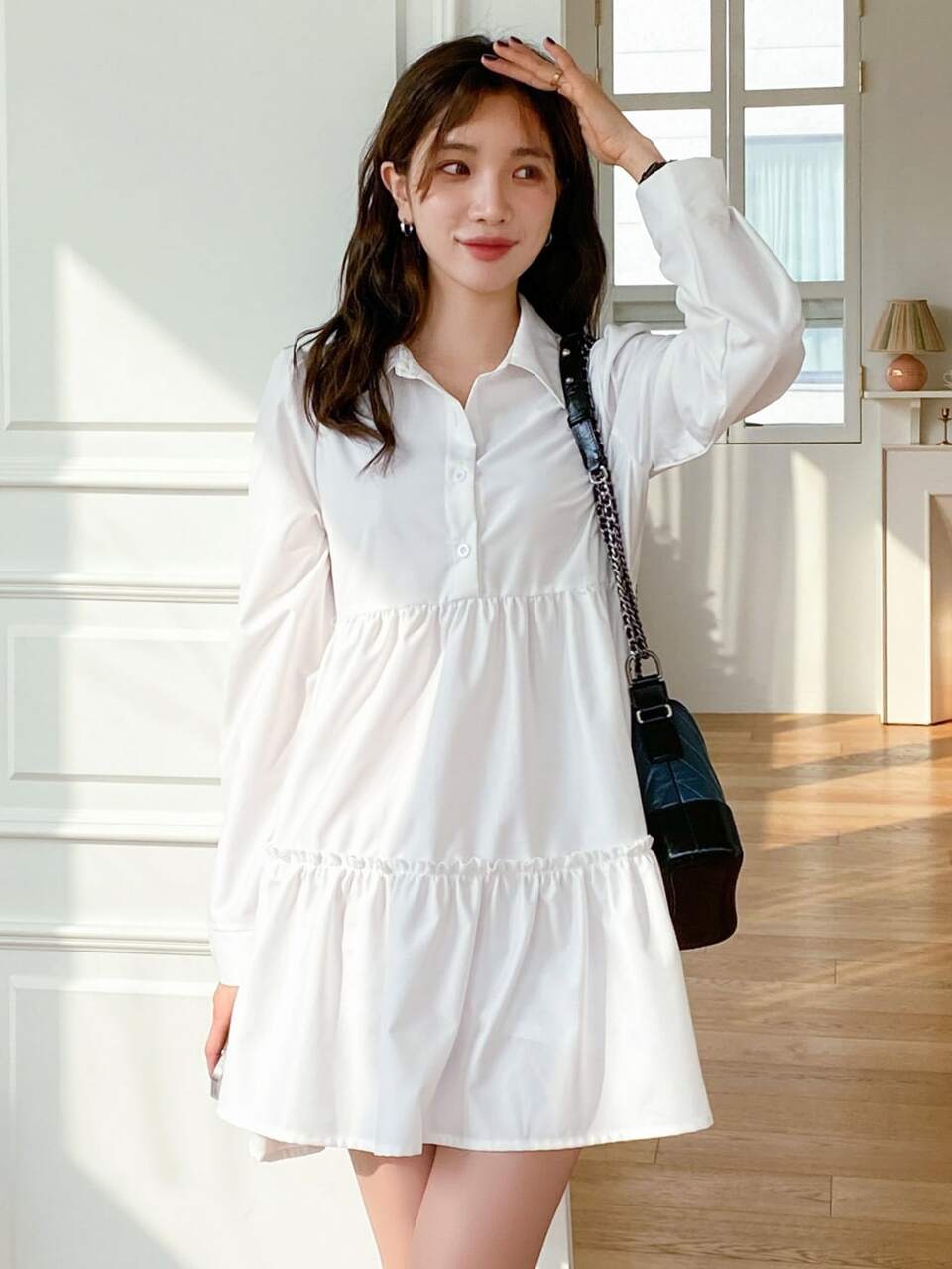 Quarter Button Ruffle Hem Smock Dress