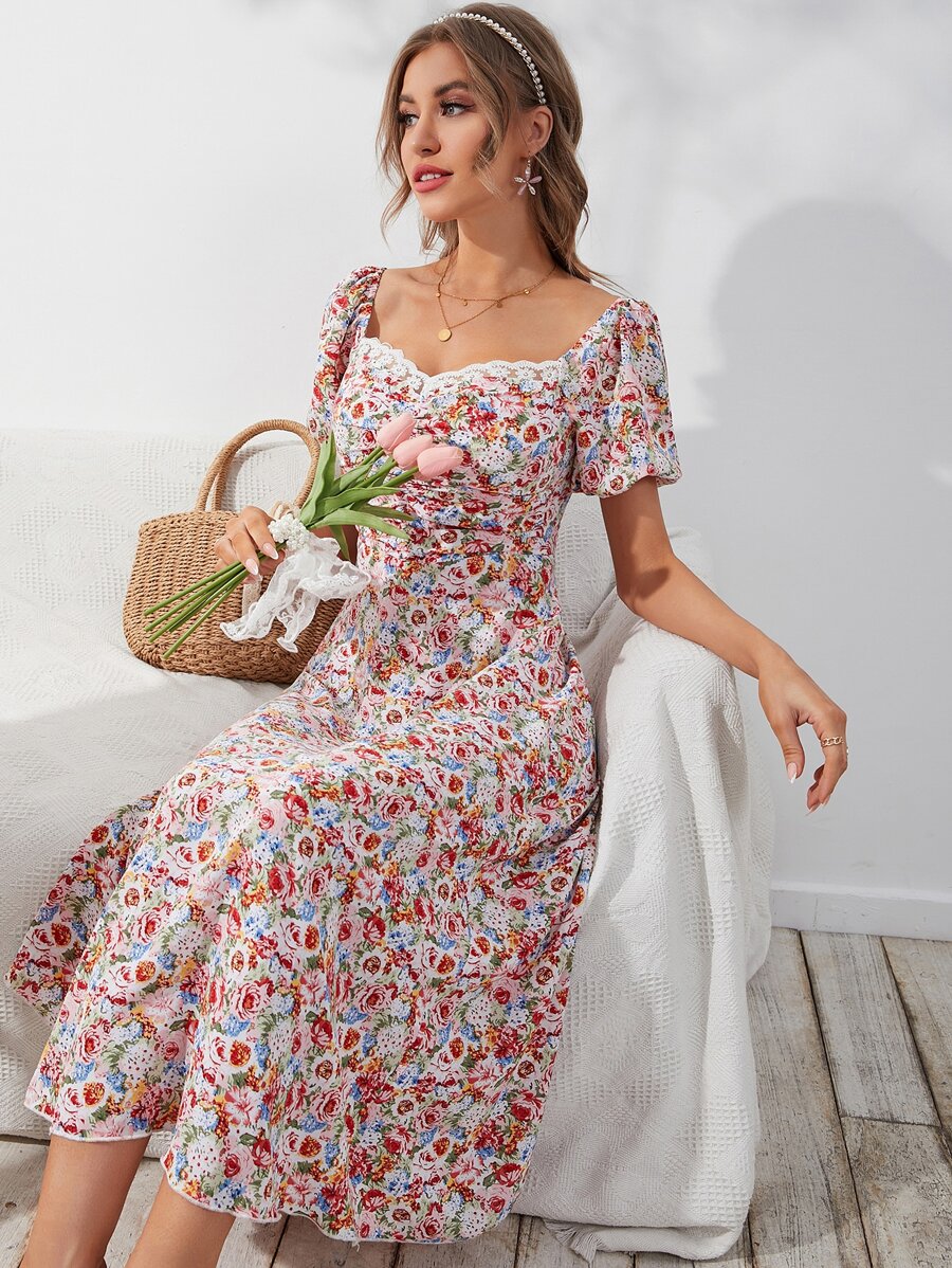 Mulvari Allover Floral Print Puff Sleeve Ruched Sweetheart Neck Dress - Multicolor - View 1