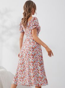 Mulvari Allover Floral Print Puff Sleeve Ruched Sweetheart Neck Dress - Multicolor - View 2