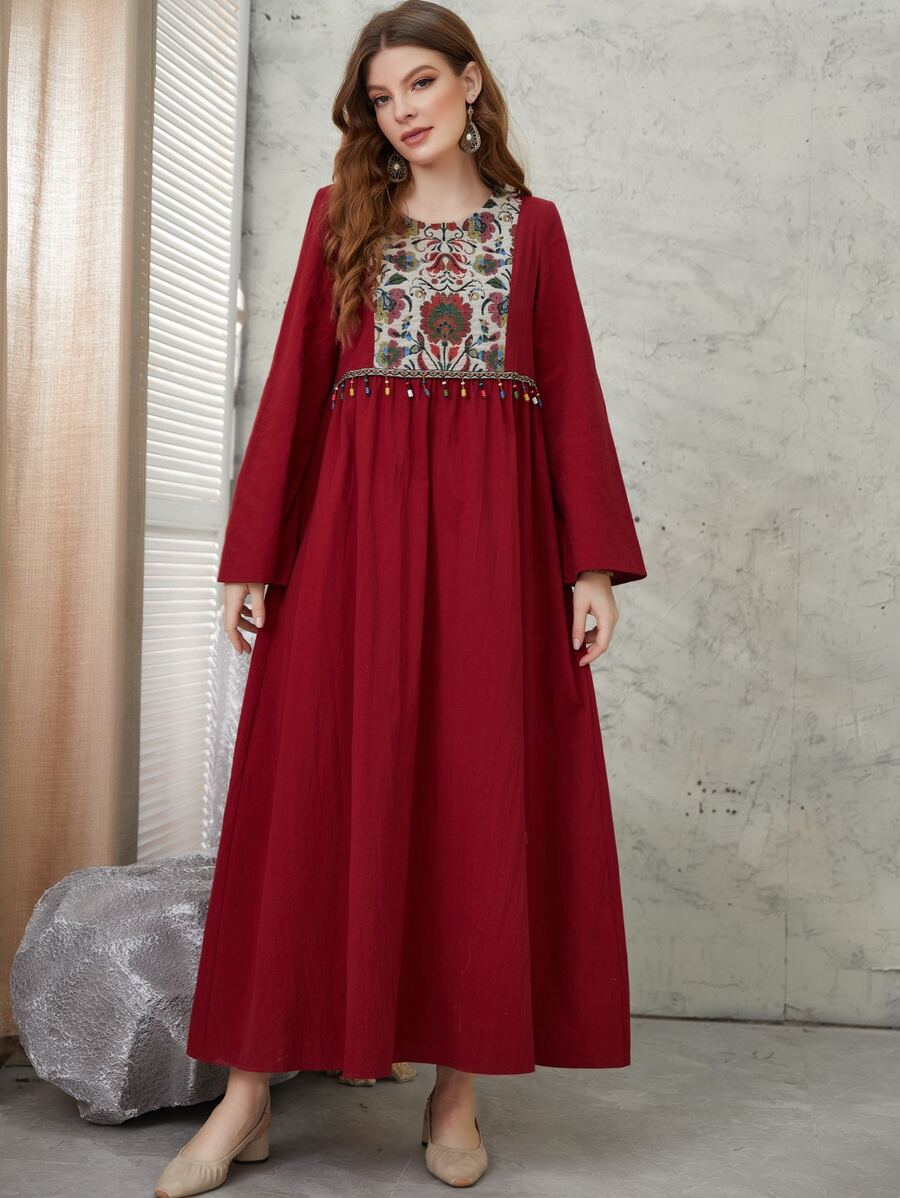 Al Najma Váy viền tua rua thêu hoa màu đỏ tía - Màu Đỏ Sâu - Xem 1