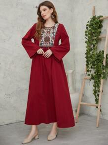 Al Najma Váy viền tua rua thêu hoa màu đỏ tía - Màu Đỏ Sâu - Xem 3