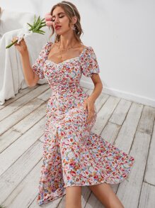 Mulvari Allover Floral Print Puff Sleeve Ruched Sweetheart Neck Dress - Multicolor - View 5