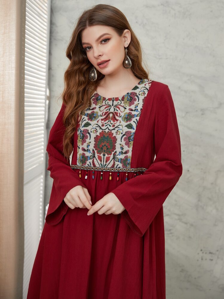 Al Najma Váy viền tua rua thêu hoa màu đỏ tía - Màu Đỏ Sâu - Xem 5
