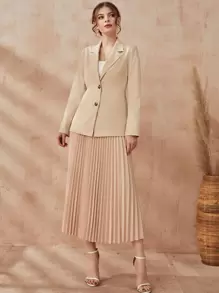 Modelyn Button Front Blazer & Pleated Skirt - Apricot - View 3