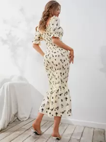 Mulvari 印花打褶泡泡袖魚尾洋裝 - 杏色 - 查看 2