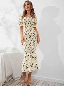 Mulvari 印花打褶泡泡袖魚尾洋裝 - 杏色 - 查看 4