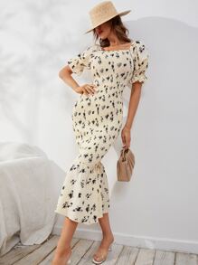 Mulvari 印花打褶泡泡袖魚尾洋裝 - 杏色 - 查看 6