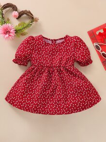 Baby Confetti Heart Print Puff Sleeve Button Back Dress - Burgundy - View 1
