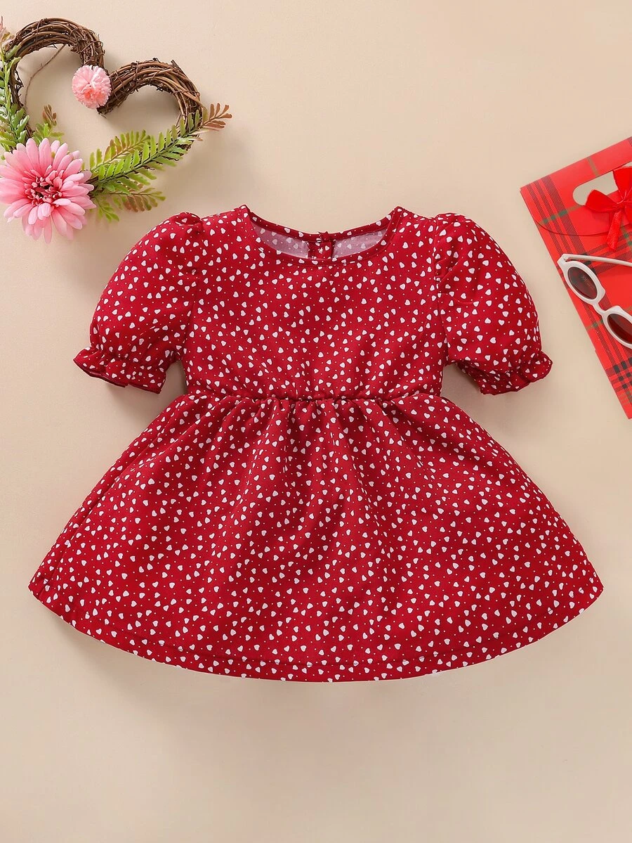 Baby Confetti Heart Print Puff Sleeve Button Back Dress - Burgundy - View 1