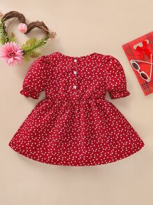 Baby Confetti Heart Print Puff Sleeve Button Back Dress - Burgundy - View 2
