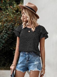 SHEIN LUNE Áo sơ mi nữ Xù phân lớp Chấm bi Boho - màu đen - Xem 1