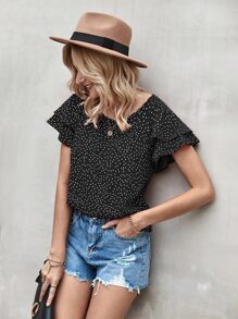 SHEIN LUNE Áo sơ mi nữ Xù phân lớp Chấm bi Boho - màu đen - Xem 3