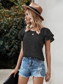 SHEIN LUNE Áo sơ mi nữ Xù phân lớp Chấm bi Boho - màu đen - Xem 4