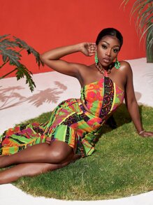 Slaydiva Đầm Lộ Lưng Cao thấp Viên lá sen Buộc lại Đồ họa Sọc Gợi cảm - Nhiều màu - Xem 1