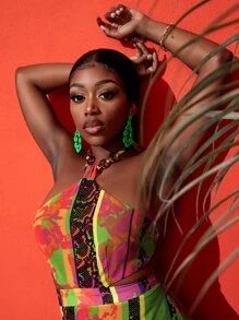 Slaydiva Đầm Lộ Lưng Cao thấp Viên lá sen Buộc lại Đồ họa Sọc Gợi cảm - Nhiều màu - Xem 2