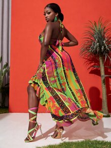 Slaydiva Đầm Lộ Lưng Cao thấp Viên lá sen Buộc lại Đồ họa Sọc Gợi cảm - Nhiều màu - Xem 4