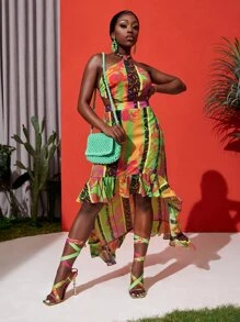 Slaydiva Đầm Lộ Lưng Cao thấp Viên lá sen Buộc lại Đồ họa Sọc Gợi cảm - Nhiều màu - Xem 6