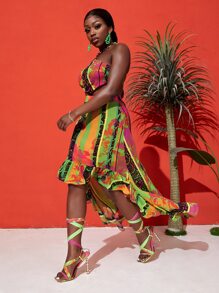 Slaydiva Đầm Lộ Lưng Cao thấp Viên lá sen Buộc lại Đồ họa Sọc Gợi cảm - Nhiều màu - Xem 7