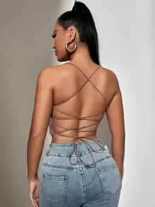 SHEIN SXY Backless Lace Up Crop Cami Top - Mauve Purple - View 1