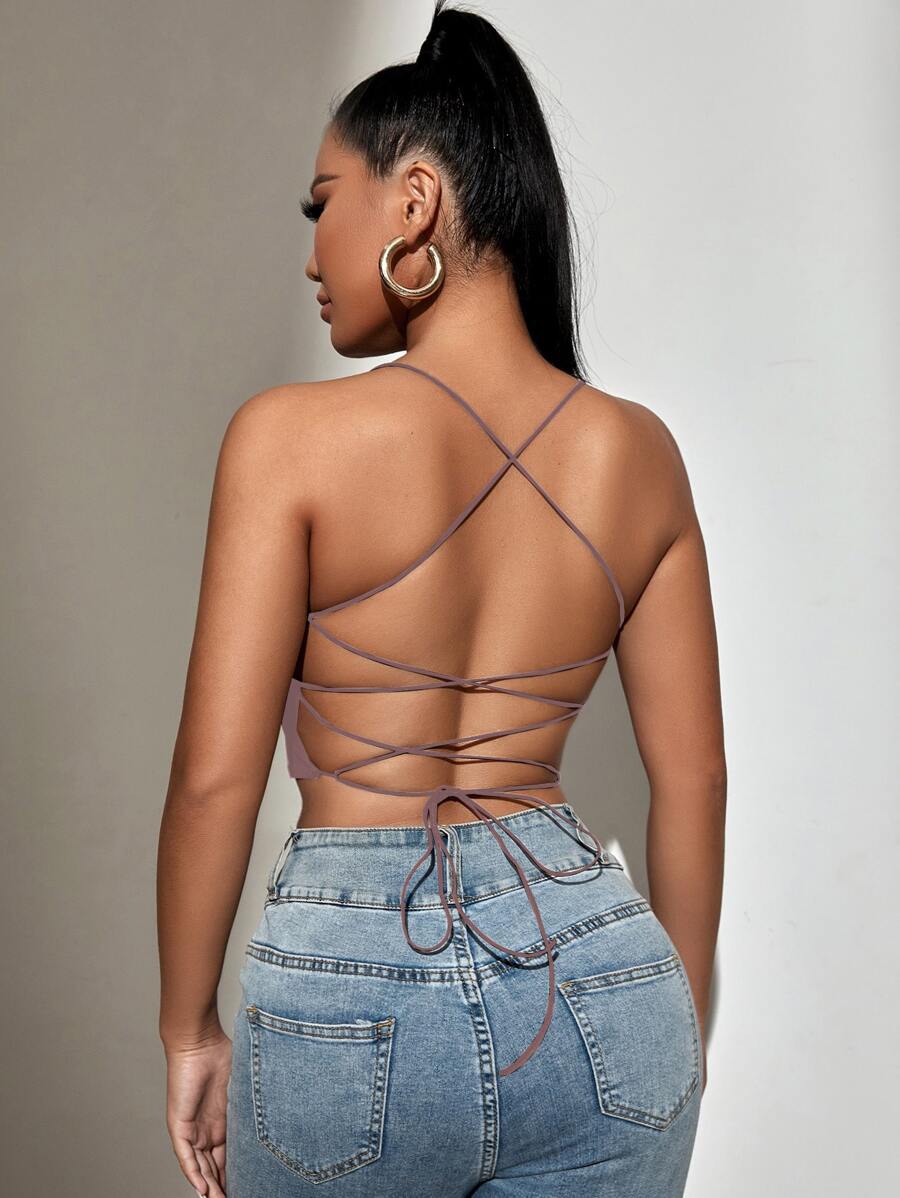 SHEIN SXY Backless Lace Up Crop Cami Top - Mauve Purple - View 1