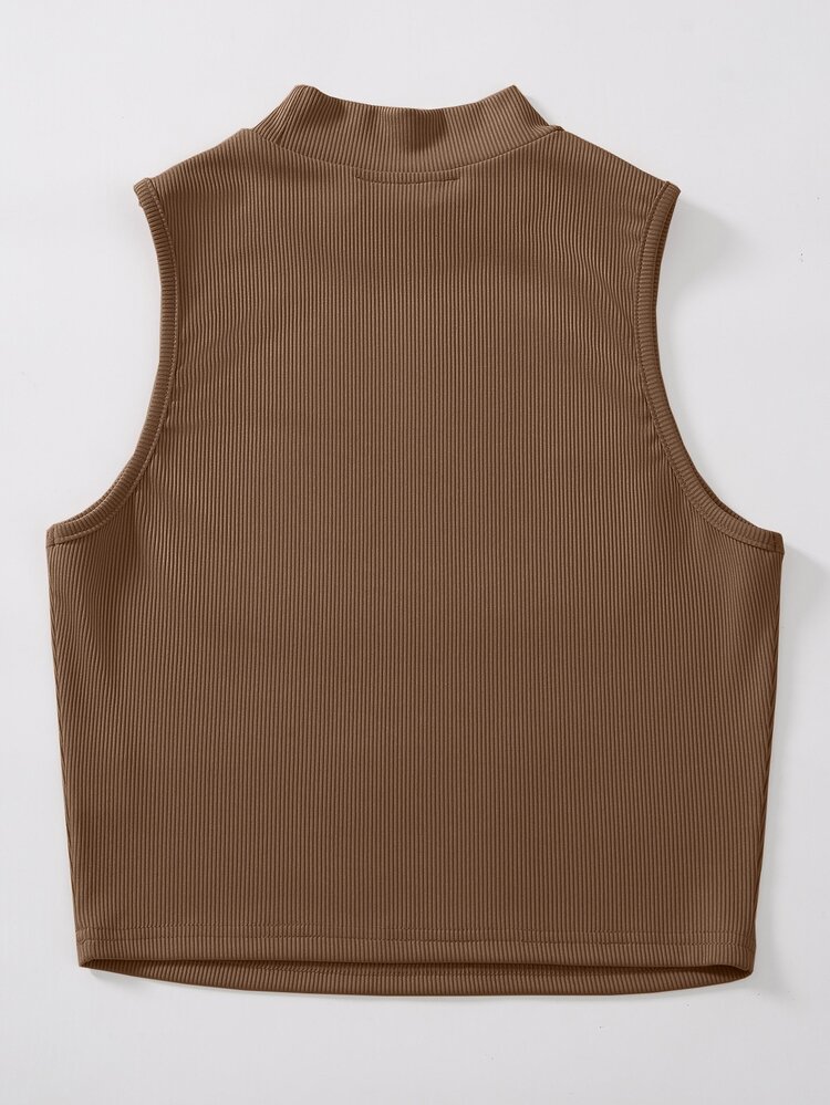 SHEIN Unity Mock Neck Rib-knit Tank Top - Coffee Brown - View 2