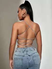 SHEIN SXY Top de tirantes corto de espalda abierta con cordón - Neblina azul - View 1