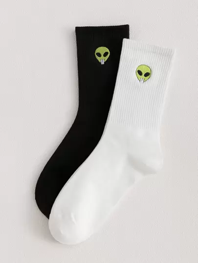 2 Pairs Of Men's Basic Embroidered Alien Pattern Socks, Four Seasons Style, European And American Sizes, Sufficient Size, Comfortable, Breathable, Wear-Resistant And Not Stuffy, Suitable For Daily Wear, Suitable For Both Men And Women, Made Of High-Quality Fabric, Fall