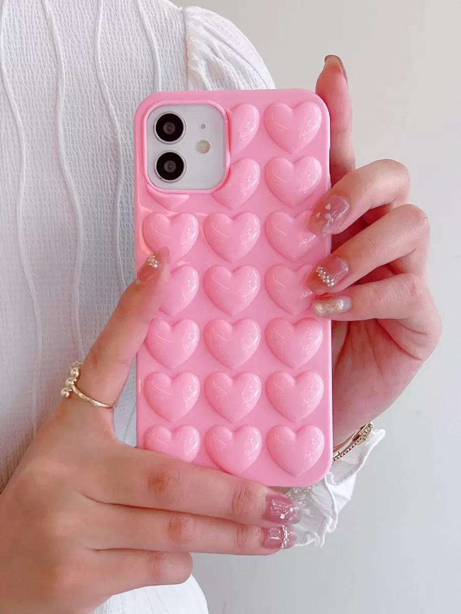 Apple Pink 3D Heart Phone Case Compatible With IPhone15/15Plus/15Pro/15Promax Waterproof Shockproof Anti-Fall Scratch Resistant - Pink - View 1