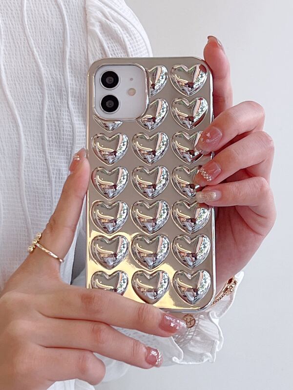Silver Y2k Heart Metallic Phone Case Compatible With IPhone 15/15Plus/15Pro/15Promax